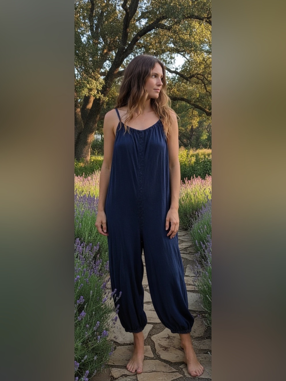 Free People Women’s Wide-Leg Romper w/ Brown Stitching in Dark Blue. Size Small